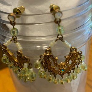 Gold tone Chandelier earrings green beading